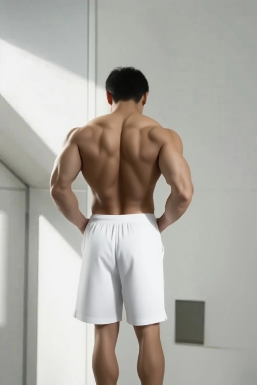 ((Asian man)), black short hair, back view, plump buttocks, ((white short skirt)), muscular back, hands tied, ((full body shot))