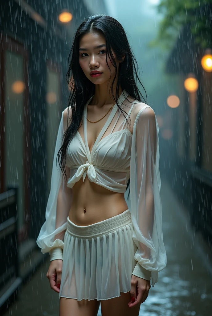 ((best qualtiy, 8K, tmasterpiece:1.3)), Focus:1.2, perfect figure beautiful woman:1.4, Cocked buttocks:1.2, ((Cut hair in layers, Beautiful breasts:1.2)), (wetclothes:1.5) , (rain, street:1.3), Ultra-sexy ultra-short transparent breast patch:1.1, Highly detailed facial and skin texture, A detailed eye, 二重まぶた，Whiten skin，long whitr hair，（（White plush coat）），Lace，(short  skirt)，（Sateen：1.5，pedestrian street，Chinese-style pavilion），(Clear eyes)，(Clear nose)，(Clear lips)，(Fair skin)，(Ultra-realistic textile textures)