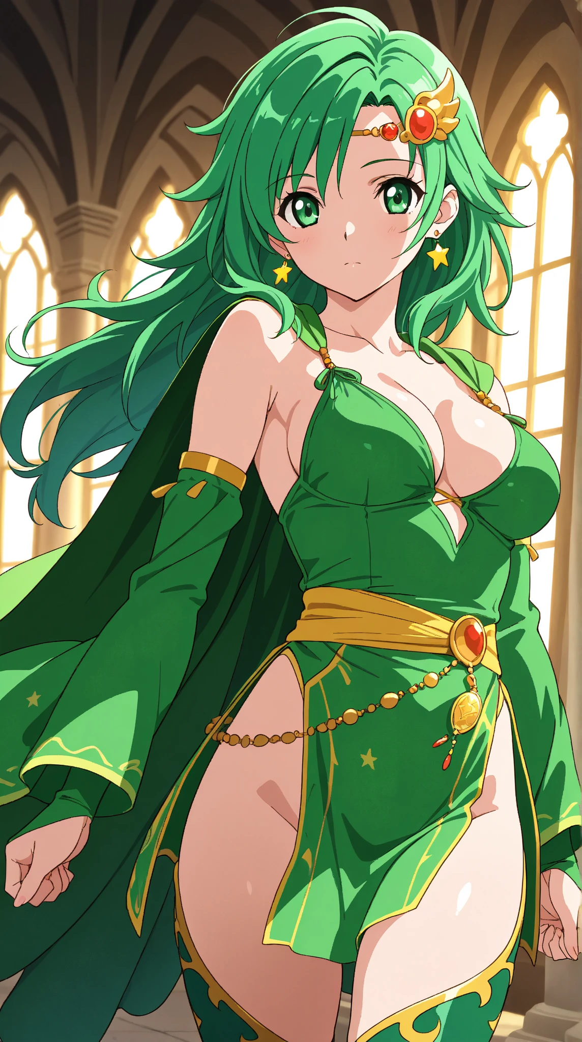(high quelity), Female Izuku Midoriya, JK,green clothes, thight stockings, high heels, mischievous smile, light blush, looking at viewer, huge breasts, precise hands, sexy pose, detailed background, long hair, belly dancer, hands behind head, showing breasts