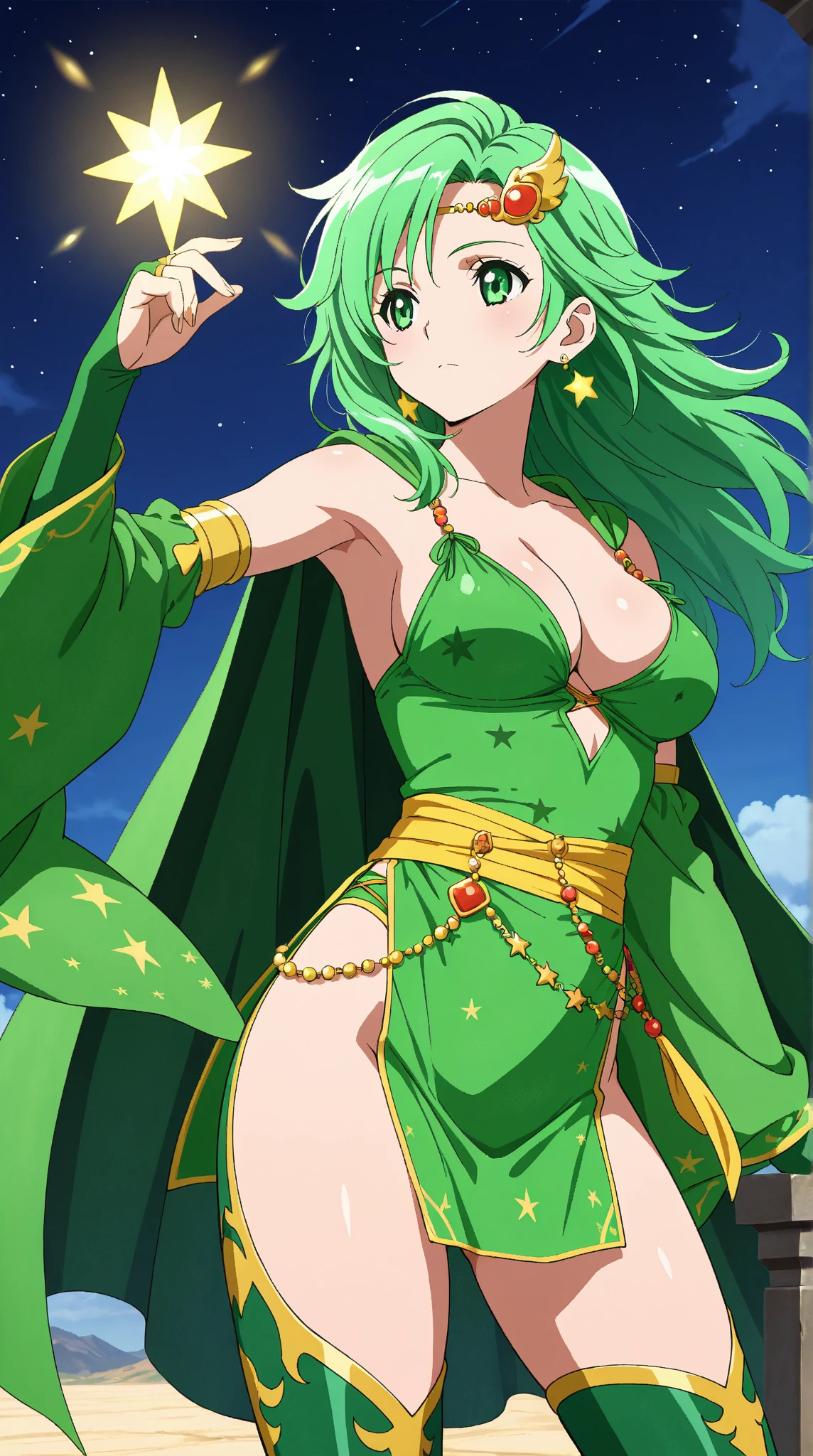 (masterpiece:1.1), best quality, NSFW,
1girl, (80s anime style:1.3), (eyelashes:1.5), (loli:1.1),
(intricate high detailed body:1.2),
green hair, (hair between eyes:1.1), (twin braids:1.1), (streaked hair:1.2),
green eyes, (lip stick:1.2),
slender body, large breasts,
(happy, smile:1.2),
neckwear, (white lace leotard with sleeves:1.1),
see-through clothes, jewelry,
(cowboy shot, looking at viewer, from front:1.1),
in royal palace,