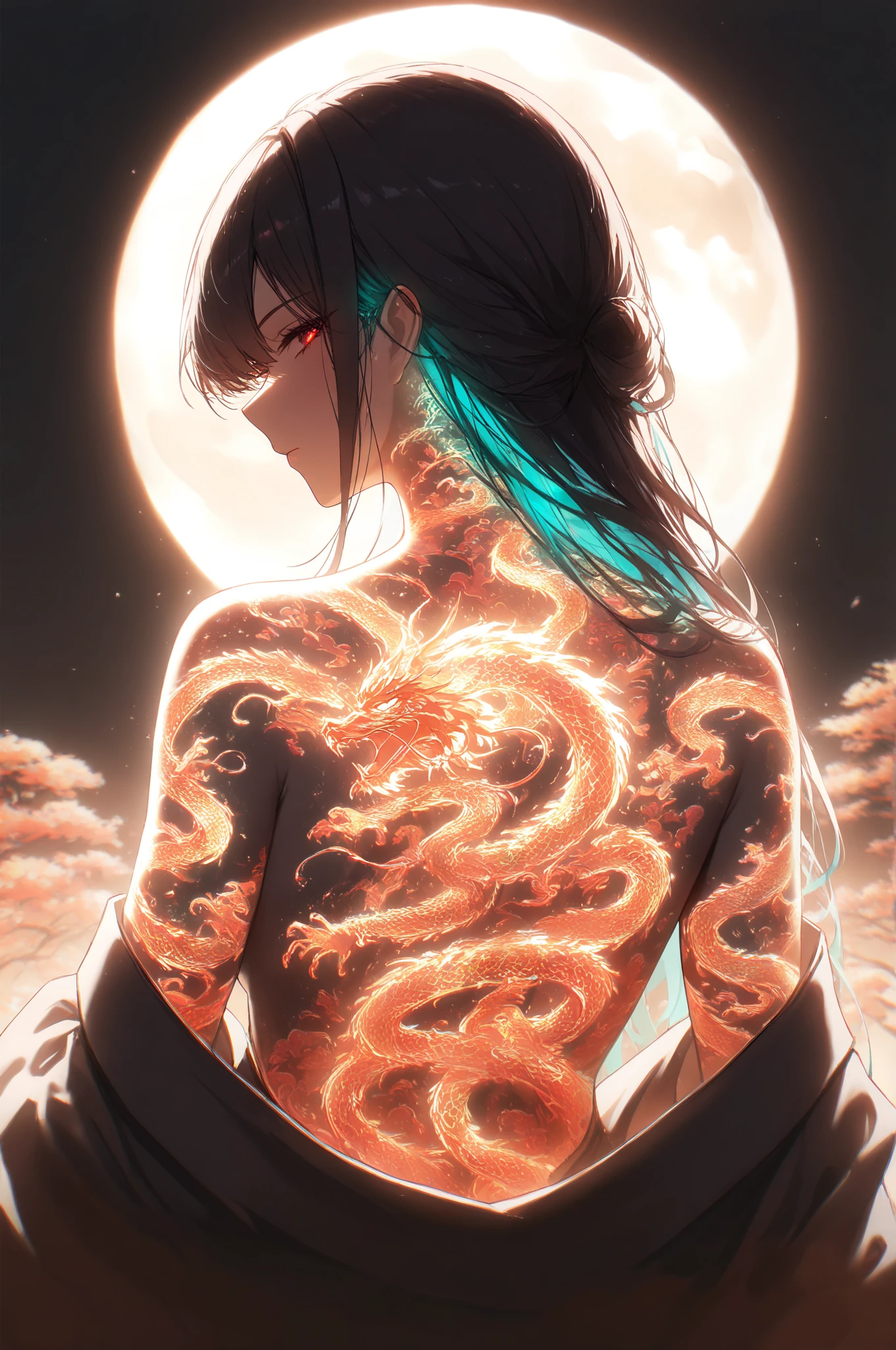 (A world of neon lights:1.5) The woman trembled with anger、Gives off an aura of neon. A neon-like aura of anger envelops her. (A glowing neon dragon tattoo:1.6) on his back glows from a worn-out kimono. For dragon tattoos、It has the power to go out into the world. (flat tinted artwork)(stylish design )(top quality)(simple)(super flat)(contemporary art)(flat and many margins)
