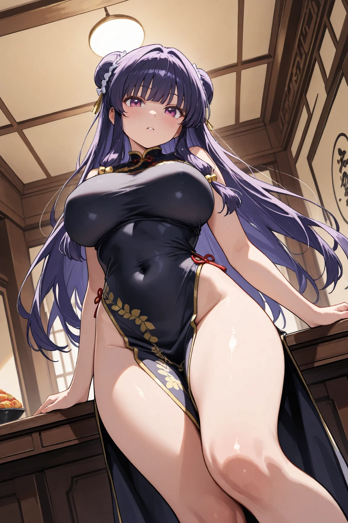 masterpiece, high resolution, best quality, beautiful art, rendered art, well formed hands, body, and fingers, 1 woman, solo, Bremerton Kung Fu cruiser, mature woman, big breasted, cleavage, blue_japanese_clothes, sleeveless, white stockings, sexy outfit, alluring body, full body, sexy legs, hips and thighs, dancing seductively, sweating, smiling joyfully, looking at the viewer, beach environment 