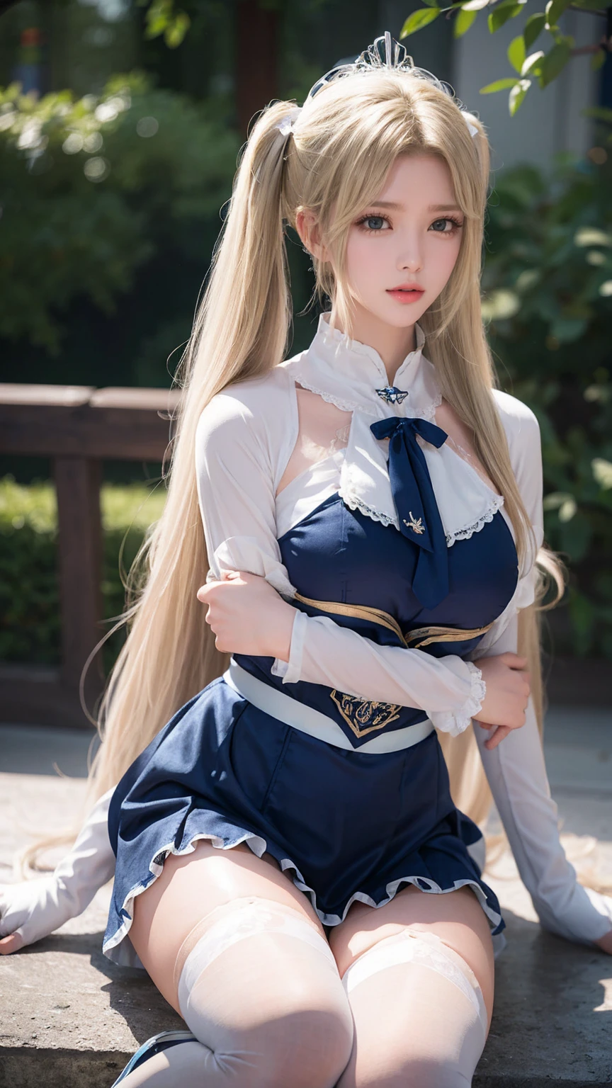 （Very delicate and beautiful：1.2）super model,,Big Breasts,Beautiful breasts,voluptuous,【bike shorts】,,【3girls】,,Highest quality, High resolution, 8K,mini skirt,Navy blue frilly sailor suit,Blonde twin tails,Lolita Style,Right hand bandaged,boots