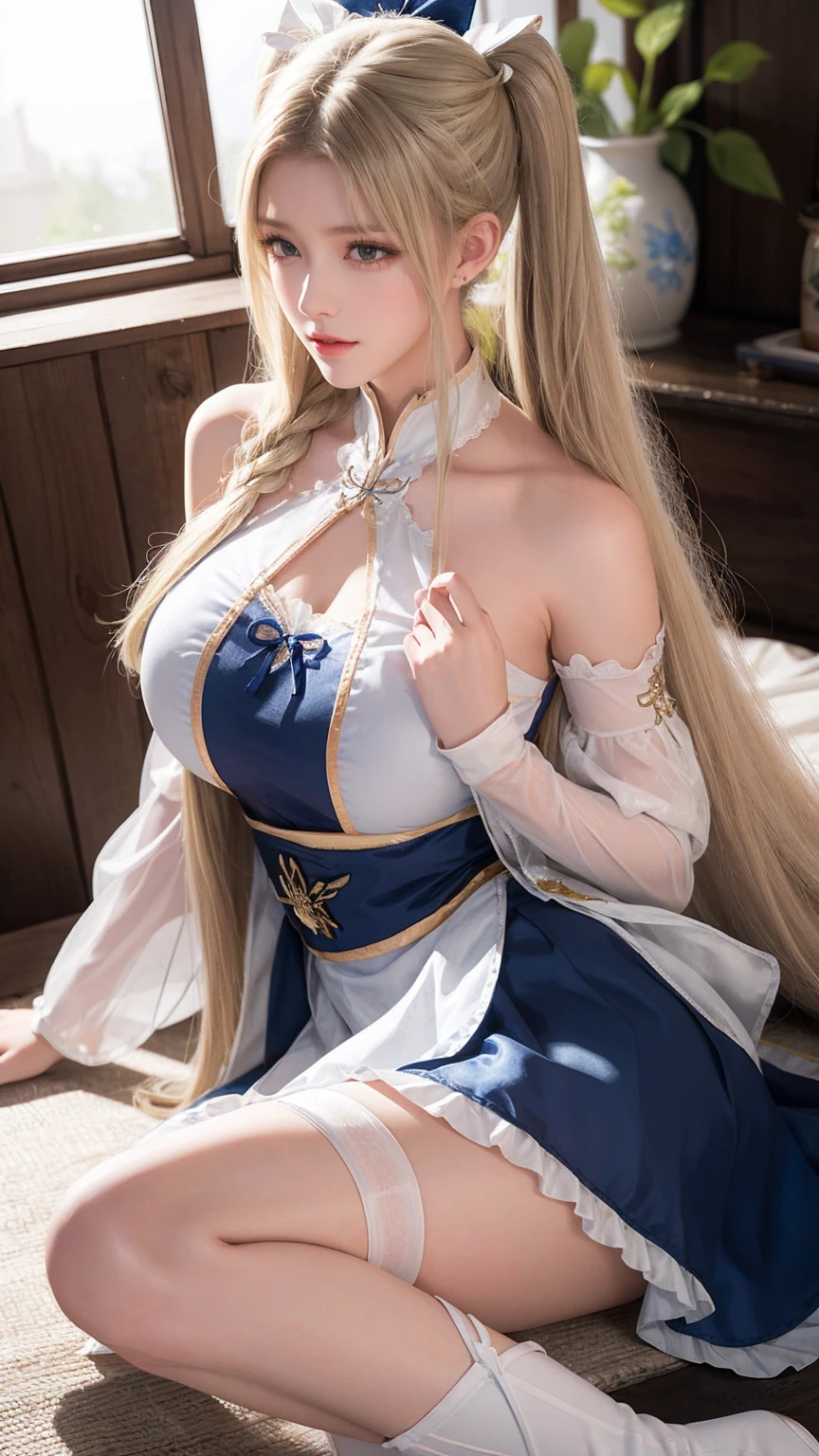 Best quality, masterpiece, ultra high res, raw photo, beautiful and aesthetic, deep shadow, fairy theme,(ultra detailed:1.3),
1girl, sitting pose, headdress, drill hair, long hair, blonde hair, gradient hair, yellow eyes, solo, (saggy breasts, gigantic breasts:1.1), big hair, blue hair, divine goddess, looking at viewer, indoors, modern bedroom, room full of curtain, astraea, full body, floral print, black kimono, black uchikake