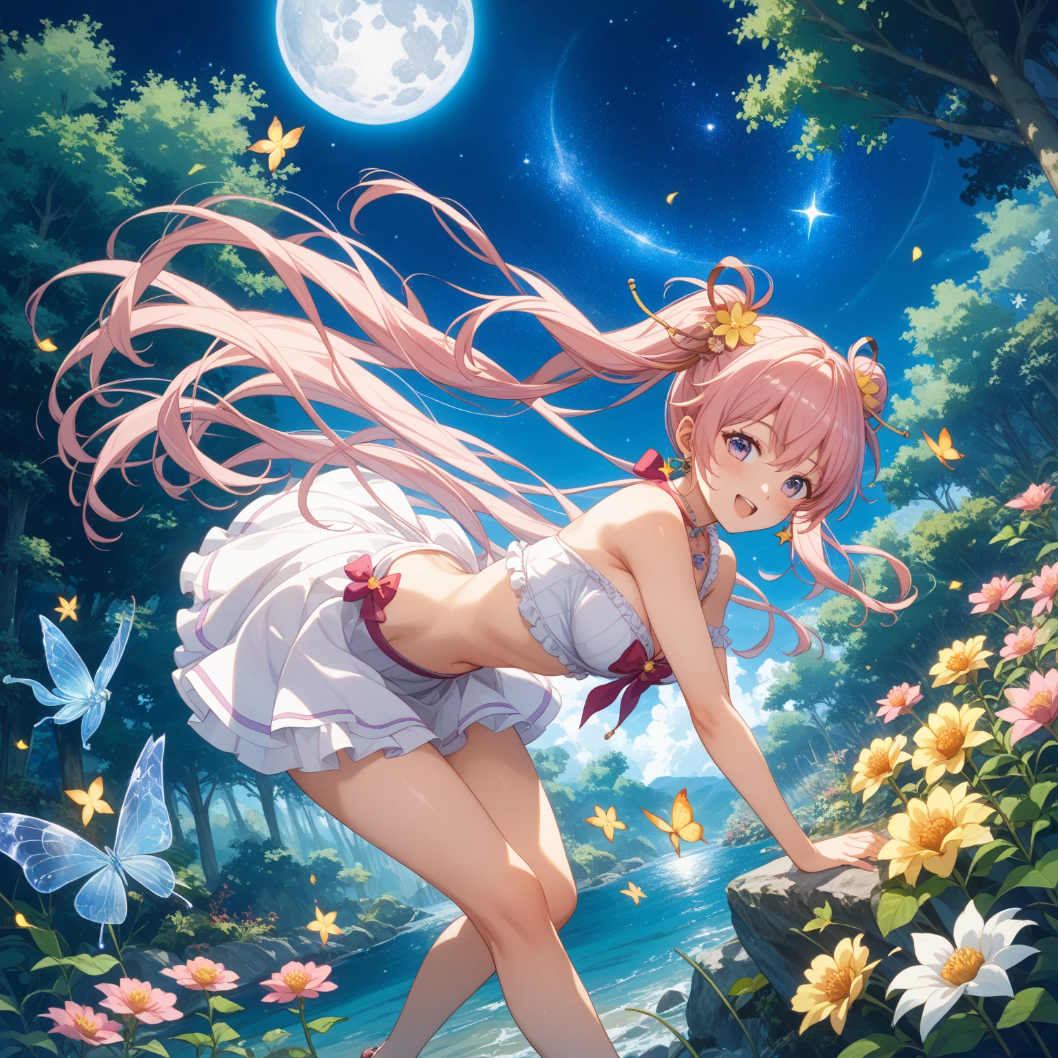 photo realistic, photo realistic, photo realistic, (masterpiece,best quality:1.4),(8k,raw photo,photo realistic:1.2),Not Safe for Work, detailed skin,detailed face,1girl,Japanese idol,cute face,Child,petite, Girl Standing On Water、blonde、Wavy Hair、blue eyes、semi-long、panty shot、white panties、underwear姿、underwear、Panmoro、camisole、beautiful eyes、Sparkling、Eyes that seem to be sucked in、Standing Girl、one girl、14age、Beautiful scenery、moonlight、A very big moon、Beautiful starry sky、shooting star、high resolution、night view、The Lost City、barefoot、whole body、Scattering Flowers、Hanabubuki、pretty fingers、beautiful feet、small breasts、girl in return、broken town、Fluttering feathers、frills、画面全体がSparkling、Lots of feathers、fantasy、mysterious、Face、upper body up、rainbow light、zoom in、Clean mountains、countless stars、Countless lights、small breasts、beautiful nipples、See-through、