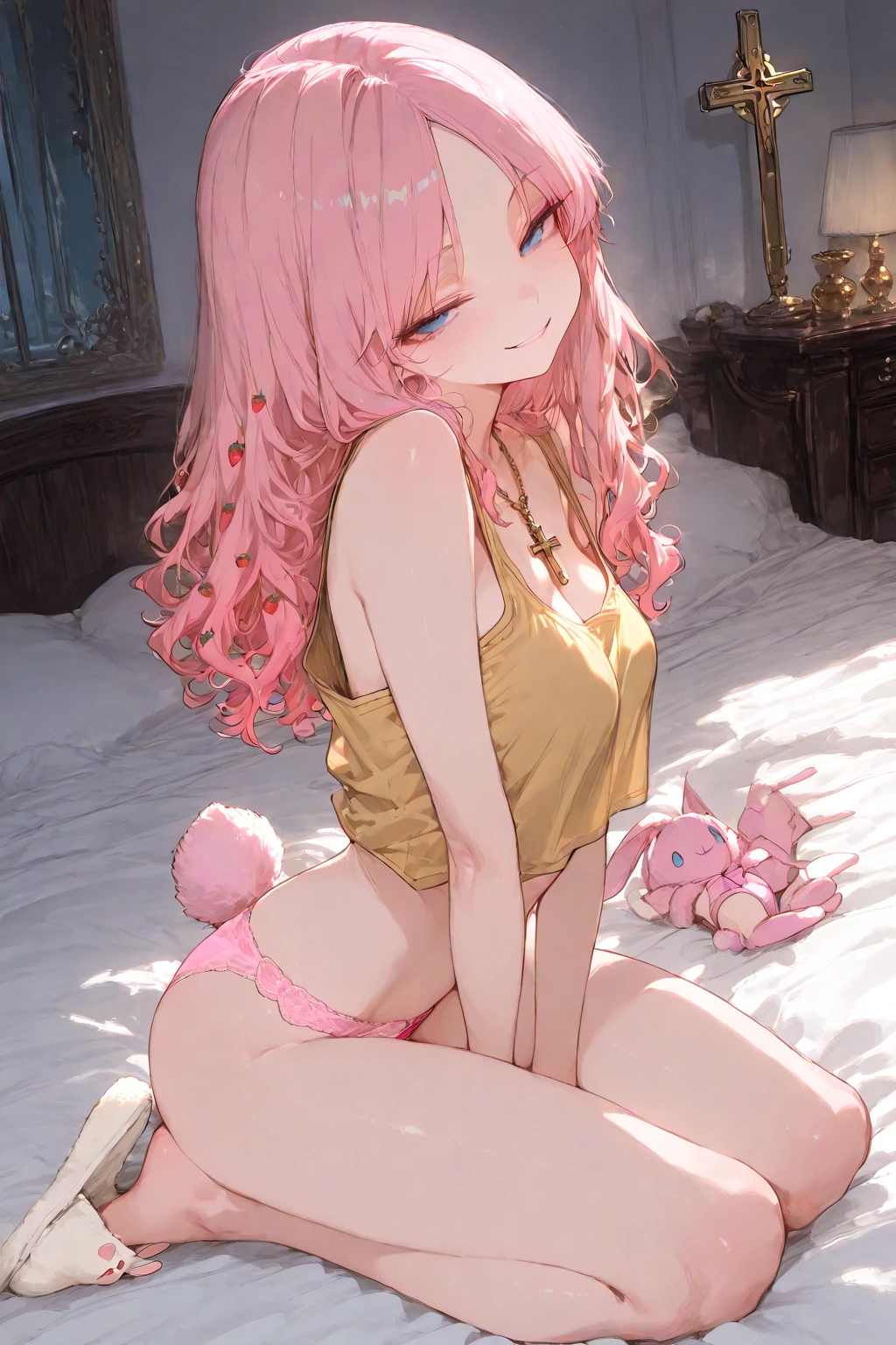 cute anime girl with long pink hair and yellow eyes, on bed, aa cup size, short height, slim body, wearing sleeping outfit and cat headband.