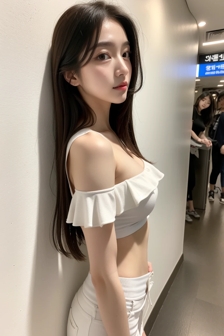 nsfw, nipples, ((Realistic lighting, Highest quality, 8k, masterpiece, Medium Shot: 1.3)), Clear focus: 1.2, 1 girl, Perfect figure: 1.4, Slim Abs: 1.1, ((Dark brown hair)), (Strapless white tube top rises to reveal  and nipples: 1.4), (Outdoor, night: 1.1), street, Very beautiful face, Beautiful Eyes, double eyelid,(Tartan Check Mini Skirt), Take a selfie with your phone,
