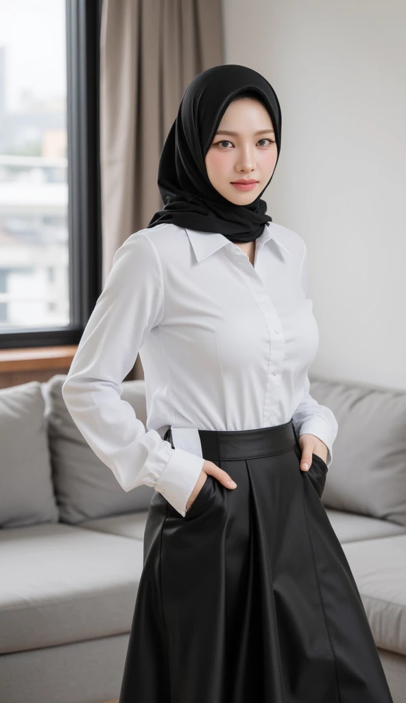 woman,((30 years old)), black hijab, beautiful face, white skin, soft smile, under pants