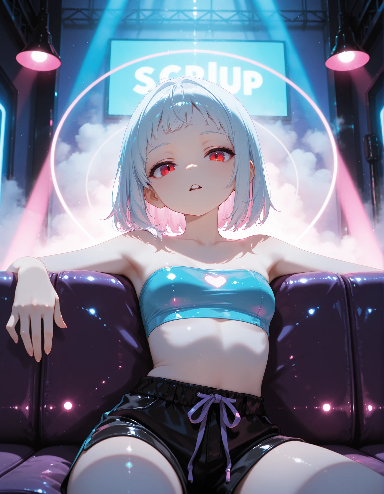 anthro, female, solo, mouse, small breasts, white fur, white body, red eyes, buckteeth, (short hair:1.2), hair down, short bangs, tube top, spats, black shorts, sitting, on sofa, purple sofa, relaxing, three-quarter portrait, looking at viewer, looking over, inviting,
inside, nightclub, dark, dimly lit, low light, low lighting, high contrast, fog, foggy, mist, stage lights, spotlight, colored light, pink light, blue light, pink glow, blue glow, pink refraction, blue refraction, pink rimlight, blue rimlight, pink shine, blue shine, multiple lighting sources, rear lighting, above lighting,
very awa, masterpiece, best quality, absurd res, hi res, newest, new, digital media \(artwork\), digital drawing \(artwork\), chromatic aberration, hdr, 4k, 8k, sharp focus, detailed, detailed background, detailed fur, detailed eyes, detailed face, detailed clothing, detailed lighting, detailed light, soft lighting, soft shadows, young