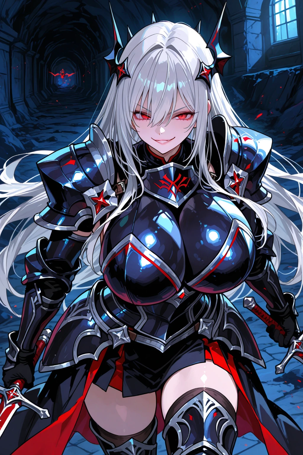 1girl,solo,long hair,white hair color,Jet-black eyes color,lip,super huge breasts,expressionless,Jet-black armor,breasts restrained by armor,fall into darkness,darkness knight,dark sword,burst into flames,dark flame,blue flame,looking at viewer,intent to murder,a contemptuous glance,night,village that was burned to the ground