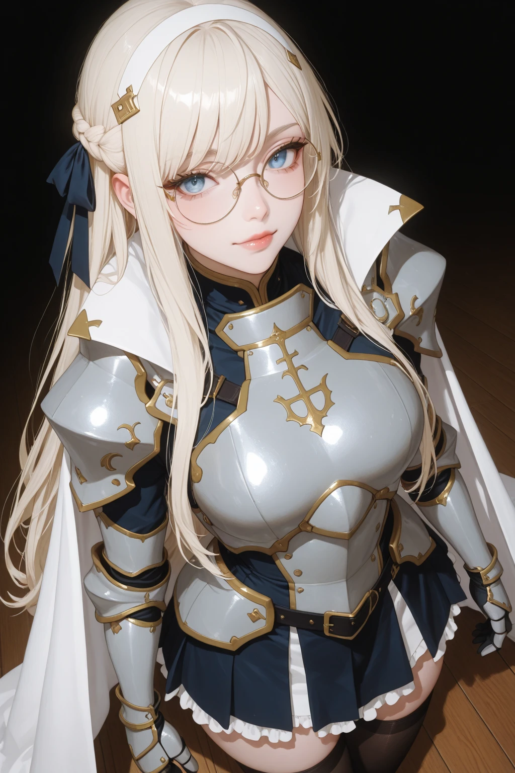 best quality, Masterpiece, Highly detailed, symmetrical eyes., girl, พื้นหลังที่Highly detailed, is gaining popularity (art station:1.46), exaggerate, movie light, studio quality, 8k resolution, long yellow hair,Wear glasses,Joan of Arc,Put on knight armor