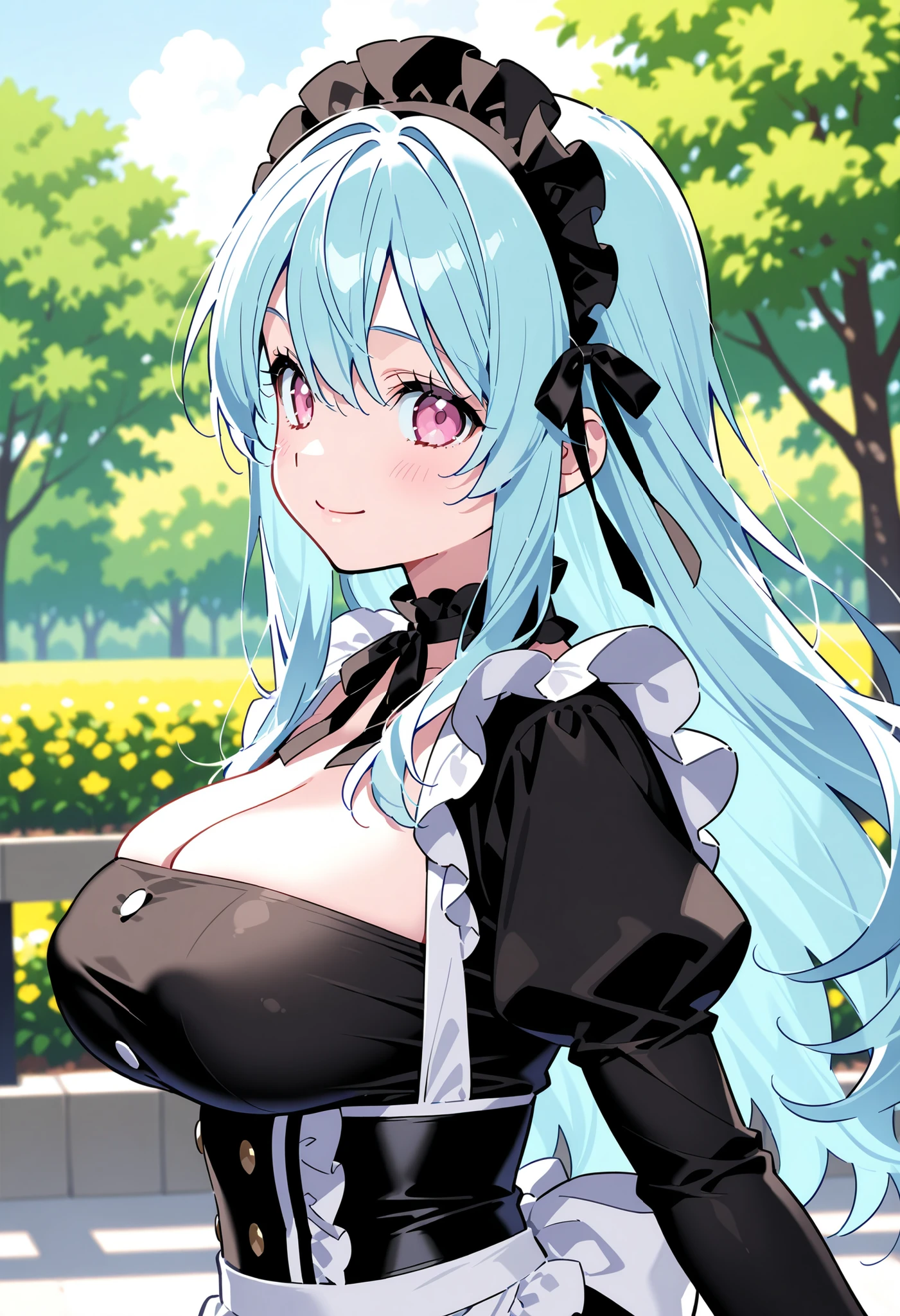 masterpiece, best quality, cowboy shot,
maid dress, maid apron, frilled dress, maid uniform, ascot, elbow gloves,
ho_olheyak_arknights, grey_hair, bangs, large_breasts, hair_between_eyes, green_eyes, short_hair, curvy, wide hips,
1girl, pantyhose, glowing pupils,
blush, smile, closed mouth,
city skyline, depth of field, <lora:ho_olheyak_arknights:0.78:MIDD>
