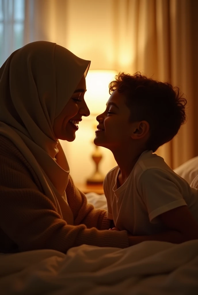 mother excited and horny as she found out his son masturbates to her, the mother is a beautiful indonesian hijab woman, with features similar to luna maya (40 yo beautiful celebrity, woman with slim body and medium saging breast), 15 yo teenage nerd boy, the mother kneeling in front of his son to seduce her son with teasing her son withhijab, unbuttoned white blouse and her sexy leopard lingerie, son watching while sit in the chair with happy face, the scene is capture in bedroom