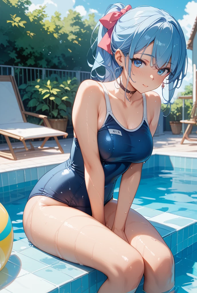Absurd, Super detailedな,(In 8K:1.3),Masseter muscle area,(masterpiece:1.2)、(Highest quality)、4K、Super detailed、(Movement Structure:1.4)、(Shining Lights), High resolution, Best Quality、(One girl:1.4),Super detailedな,Bright colors、Treebreak Production Art,High-level image quality、Fine image quality、Intricate details,Volumetric Lighting,Realism BREAK、Profile、 Idol face、15 years old、Very beautiful face and eyes, Beautiful images、 natural make up、puffy eyes、catchlight eyes、deep detailed eyes、 (Big Tits)、(glossy skin :1.5), (Light blue hair,short hair、blunt bangs:1.2)、 (orgasm face)、 (A school swimsuit with a vivid texture:1.3)、(Breast bag)、 (School poolside),(Baby Face:1.2)、(shoot from behind)、nice butt