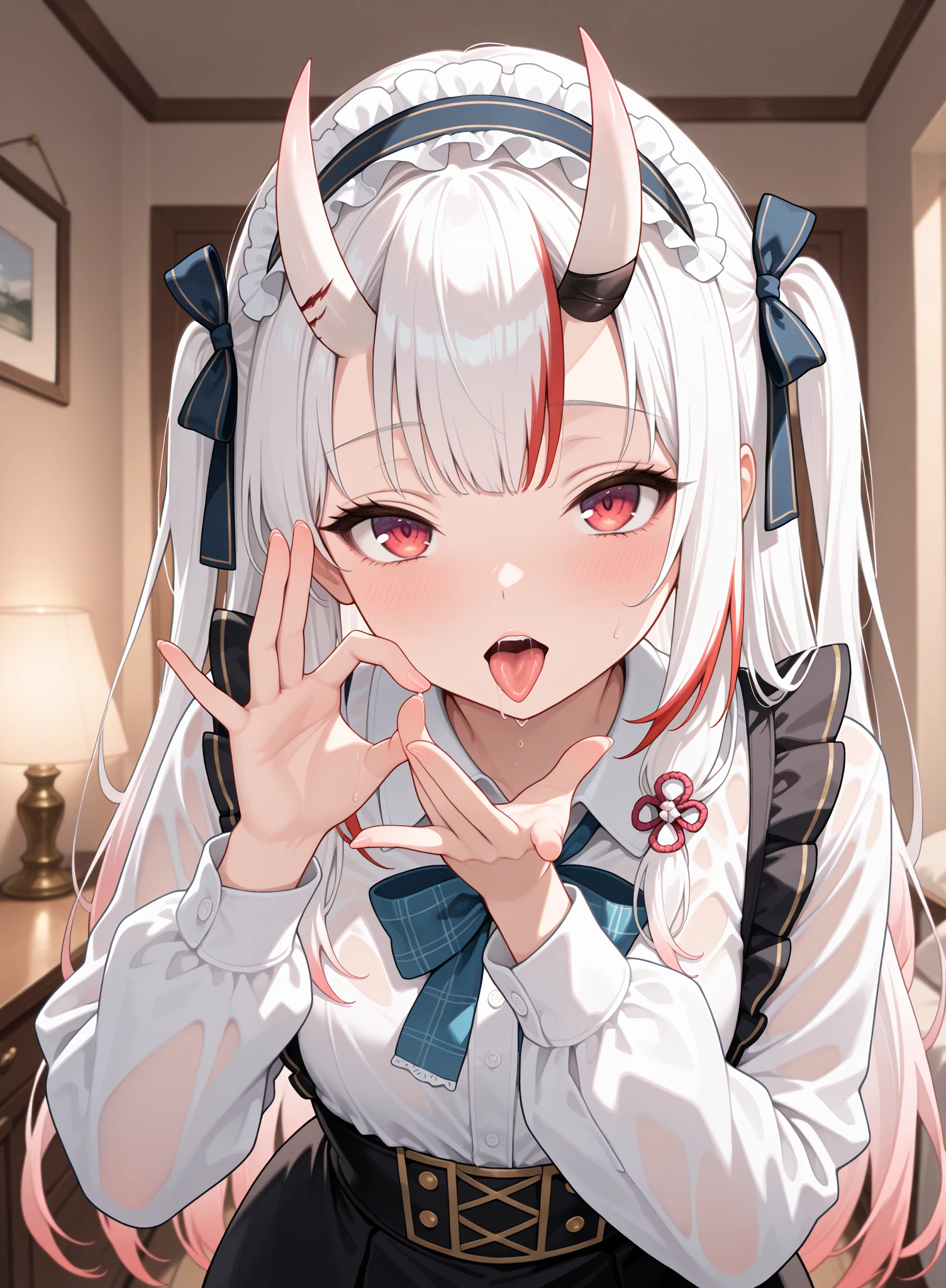 Young girl with grey hair, ((fringed and curly hair)),((curly short twintail)), curly hair ,(red eyes),, ((small bushy eyebrows)), wearing gothic lolita clothing, lolicon , to school, bored eyes, bored face, girl sucking penis cum bubbling out her mouth, in a street, girl giving a deepthroat blowjob to male, multiple vignettes