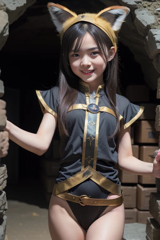 close, full length,Cute 10 year old girl , Cyberpunk Gold Parts Body,Egyptian pillars in the background, Super high-quality details