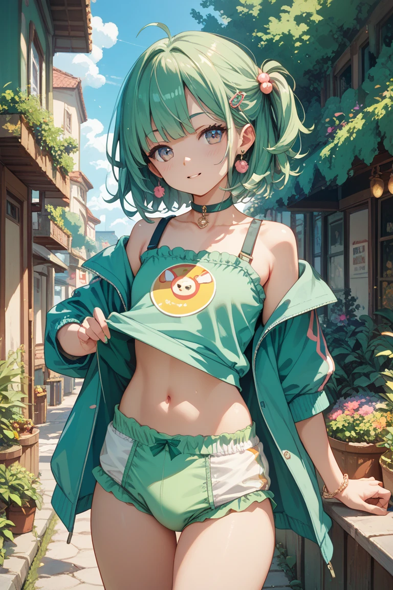 (Masterpiece), Best Quality, ultra-detailed, 1girl (zodiac_mallow, lovely small breasts, dark skin, green hair, long hair, twintails, headband, pink flower in hair, green eyes, half-closed eyes), a come-hither face, , parted lips, nose blush, blush, facing viewer, looking at viewer, solo, black jacket, leather jacket,undress,dark skin, bare one
shoulder, white tank_top, covered nipples, cleavage, navel, denim short shorts, outdoors, street, standing, come-on, love juice flows out of her pussy