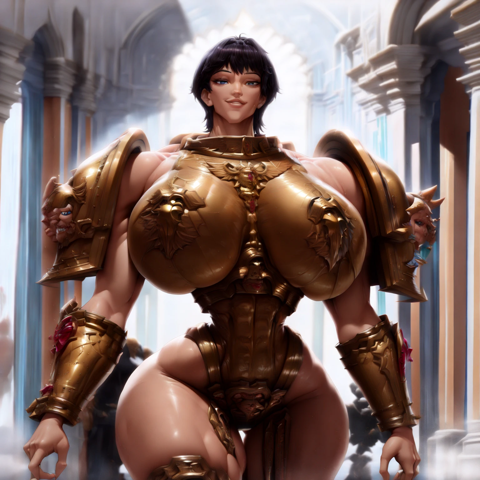beautiful japanese young woman, wearing cyborg armor made of gold, thick symmetrical features, very short hair, background is cherry blossoms, pink aura, red lips, octane render, (Thick thighs:1.3), (huge breasts:1.4)  ((sitting at school desk with legs spread,))