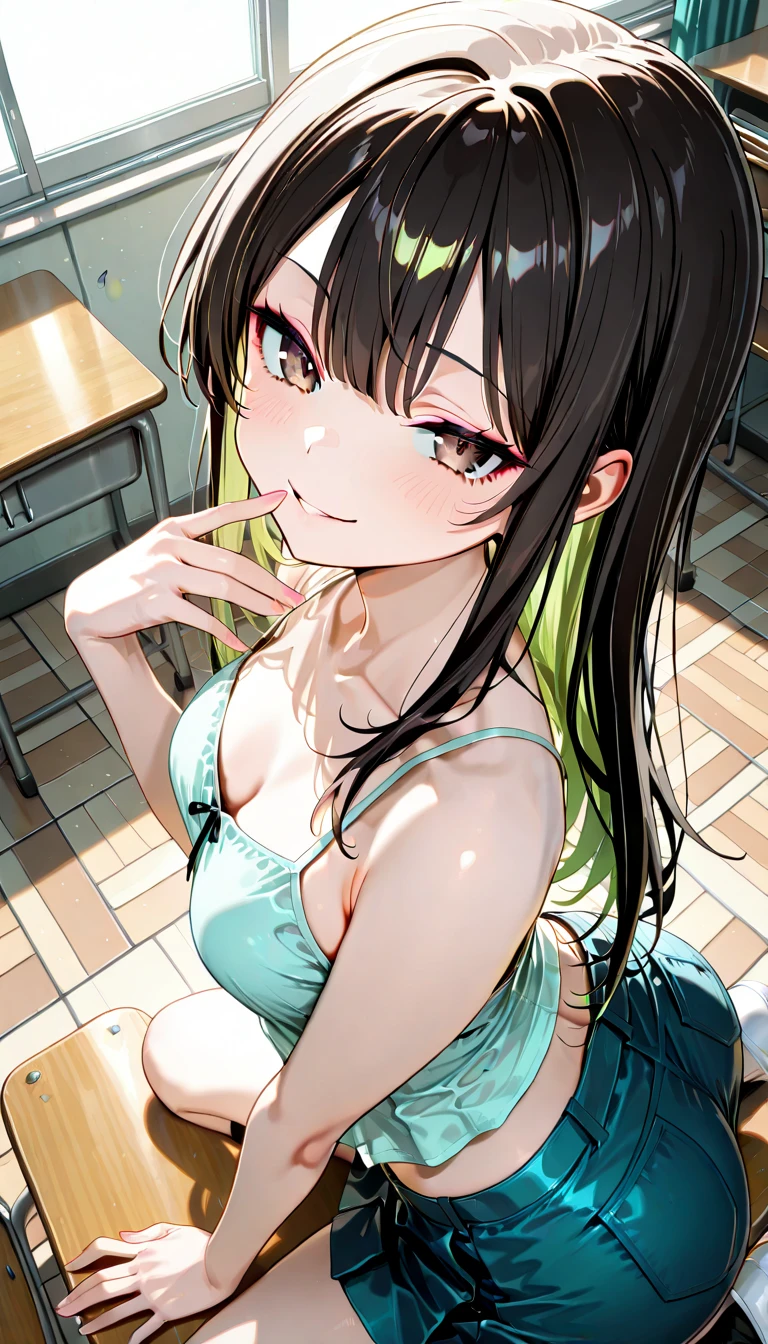 Green underwear、Random Pause、Selfie、Show milk、Blushing、Black Hair、Side Ponytail、Pale purple eyes、blush、nsfw、Perfect move、Fine hand、Women's locker room、Embarrassed look、