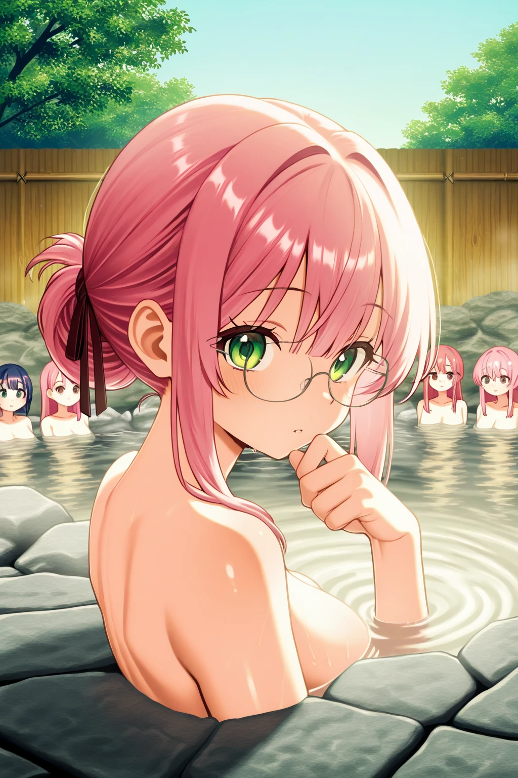Primary school students、Pink Hair、Medium Bob、Green Eyes、Frameless Glasses、naked、bath、NSFW