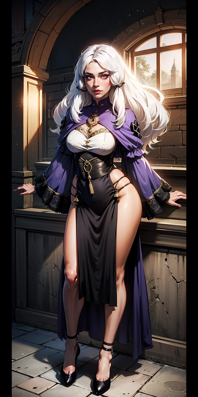 a sexy shadow wizard milf with thicc thighs and large breasts, has a purple cloak and hood on that only shows her purple eyes, laying back on a couch, sexual pose, has ebony skin