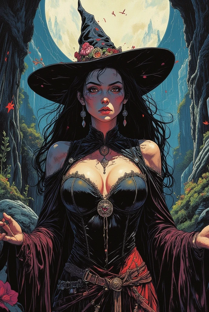 There is a woman standing, witchy, Black Dress, Brown straight hair, chocker on neck. There is a flame around, Dark color scheme, An evil expression on his face, Danger