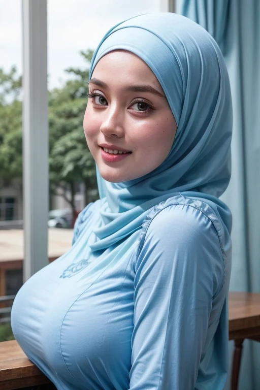 Naked Chubby adorable, 1 girl, (face to face), 10 years old, baby face, happy, half body portrait, (face details: 1), (eye details: 1), ((big breasts)). wearing transparent transparency soft soft long shirt, hijab, .. Cute posed. proportional body. Ultra High Res. realistic: 1.4, UHD, (floral pattern), view from side seductive pose 