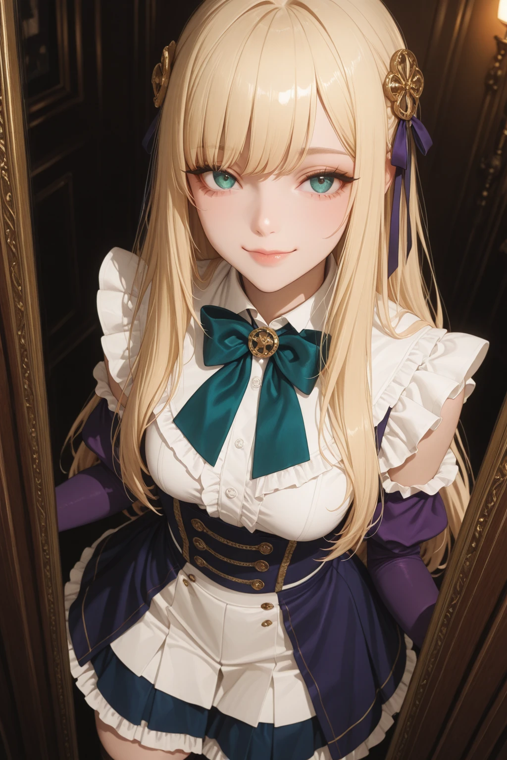 High resolution, Highest Quality, ultra-quality, Super Detail, A hyper-realistic, Photorealistic, Anime, Illustration, Fantasy, Northern Renaissance style, Super Cute Witch, Mysterious, Enchanting, Big blue eyes, Up braided hairstyles, Blonde hair, Huge breasts, perfectly proportions, Full body, Black long skirt maid clothes and veils, Black pantyhose, Northern Renaissance style in the background, Kaleidoscope, the royal palace