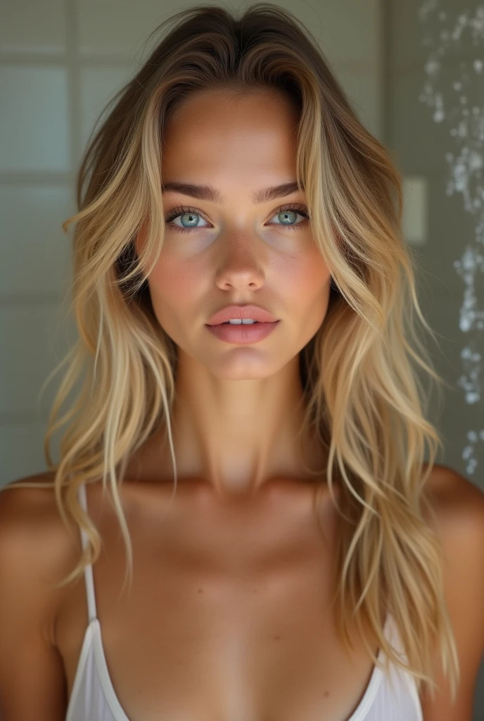 create a realistic image of a 20 year old woman, Long blonde hair blue eyes in the bathroom
