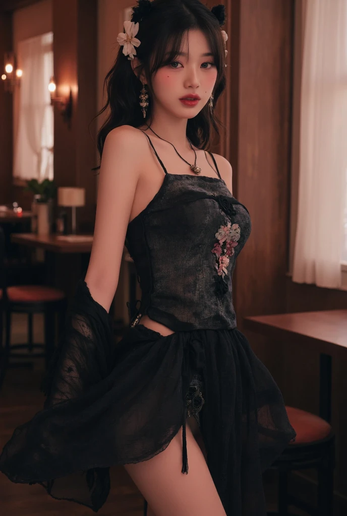 ultra-detail, high-res, ultra-detailed, bestquality, Marvel, Highest quality,Unified 8K Wallpapers, Cinematic lighting, Fully body image,Miss Asia,Japanese beauty model(),Haute couture and luxury clothing,short skirt, Open shoulders, Lace openwork fabric, Bang Sai