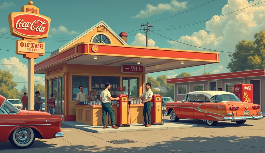 a red convertible parked in front,mid-century architecture,flickering neon signs,vintage gas pumps,attendants in retro uniforms,old-fashioned car repair tools,shiny chrome details,classic car memorabilia,period accurate gas prices,sepia-toned color palette,nostalgic atmosphere,vintage cars on the road,fluffy white clouds in the sky,well-maintained green grass,smell of gasoline, bustling sound of cars passing by, busy customers pumping gas, 1950s background music playing,typical 1950s cars and fashion.