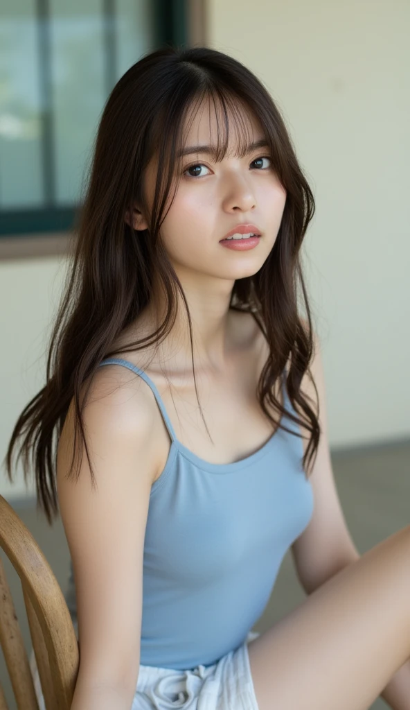 solo,woman,(looking away), (parted lips,light smile),(shiny skin:1.1),blush, (in japanese high speed train), wearing crop top, hotpants, asian, skindentation, portrait, photo referenced, best quality, ultra high res, (photorealistic), (detailed face and eyes), <lora:namieamurov1:1> namie amuro,