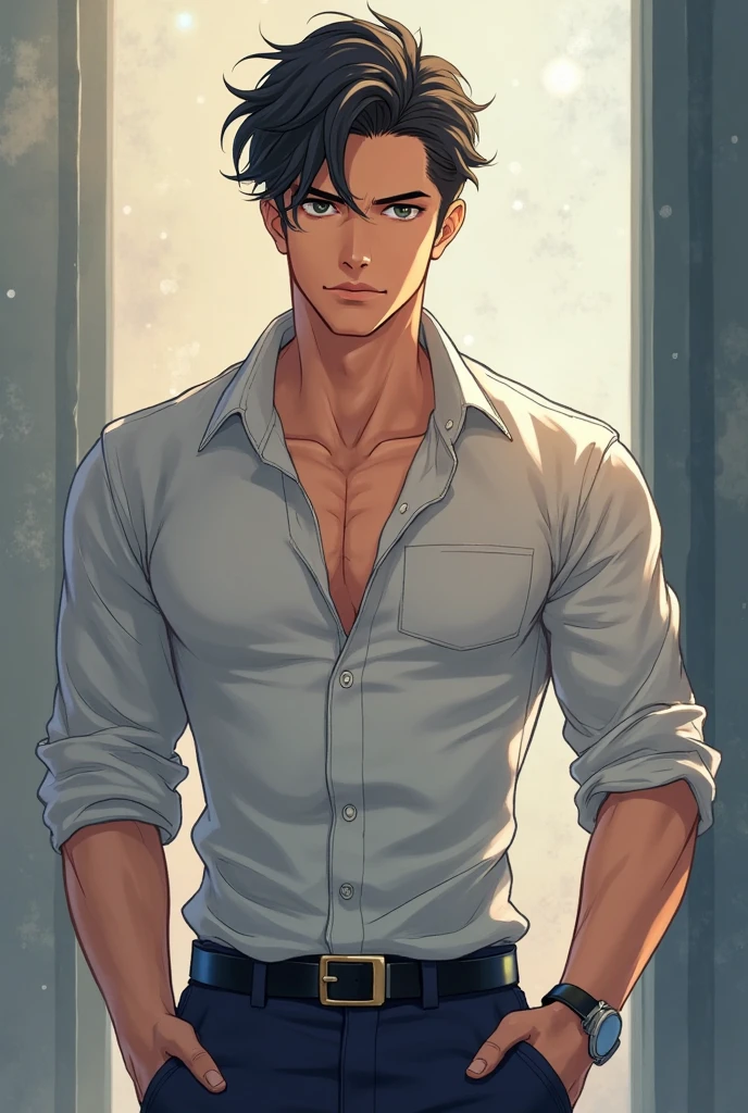 , he has short black hair whch is very stylish, he is wearing an (((opening his white shirt))) which shows his perfect athletic toned ((body with tan brown skin)), his body is shaved, shaved  so he can look , His deep blue eyes hides mischief, his smile is flirty,he is in a bedroom with low waist white shorts hiding his bulge,