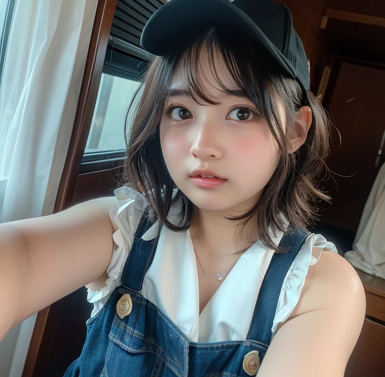 (1 Girl )、(Beautiful Japanese、18years old,round face、Refreshing、clear、seems kind、stylish、Pitiful、cute like an angel、cute、black eyes、(Single eyelid:1.3)、Beautiful skin), {(Japan human face:1.4),(General facial features)} , (((Beautiful breasts:0.4))),(((soft breasts))),(very cute),(short hair),(enchanting eyes),(highlight on eyes:1.2)、(8K、Live shooting、highest quality、masterpiece:1.2、optimal lighting)、((masterpiece)),(Photo taken by a professional photographer),(real、photo real:1.4),BREAK,{(Tank top shirt, jean shorts)},(cheeks are red:1.3), BREAK, BREAK,Smile:1.3、 face close-up,Looking at viewer,lonly face:1.4、Japan、Summer、from above、bus stop,Blue sky, cumulonimbus clouds,(((1970s vibe)))、Hands clasped behind back