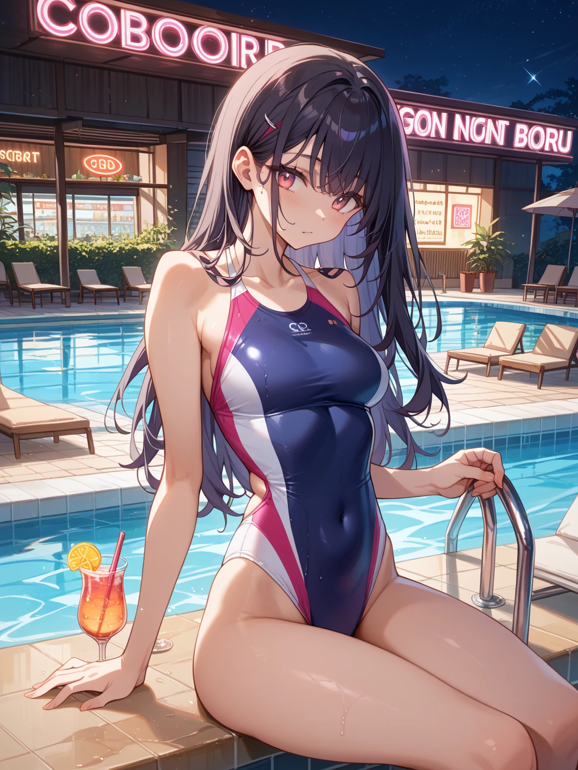 ((2D Beautiful Girl、highest quality、Perfect Finger 1.3、Perfect ??????? 1.3、Very delicate and beautiful illustration))、pretty girl、(Conversion Sequence)、((Swimwear))、14 years、Slender beautiful girl、Fractal Art、Baby Face、((Straight Long Hair))、Big droopy eyes、Laughter、Full-body display、（1 person）、Long sleeve、School swimming pool、Are standing、