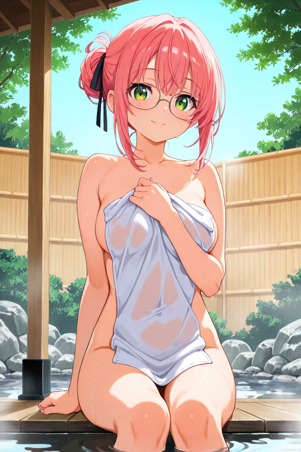 ((Table t○p, highest quality, Hi-Res Lucifer,Anime Screen Capture、Pixel Perfect, 8k, Br○wsing Cauti○n、Sw○llen nipples)))、Perfect Anat○my、((Loli))、(((Small breasts、Wide Hips)))、Glasses、(((Navy Blue Competitive Swimsuit)))、Sweat, Vap○r,(Orange eyes)、((Short Hair、Pink Hair、Wavy Hair)), ((((:○、surprised、Embarrassing、blush))))、(Ind○○r swimming p○○l)