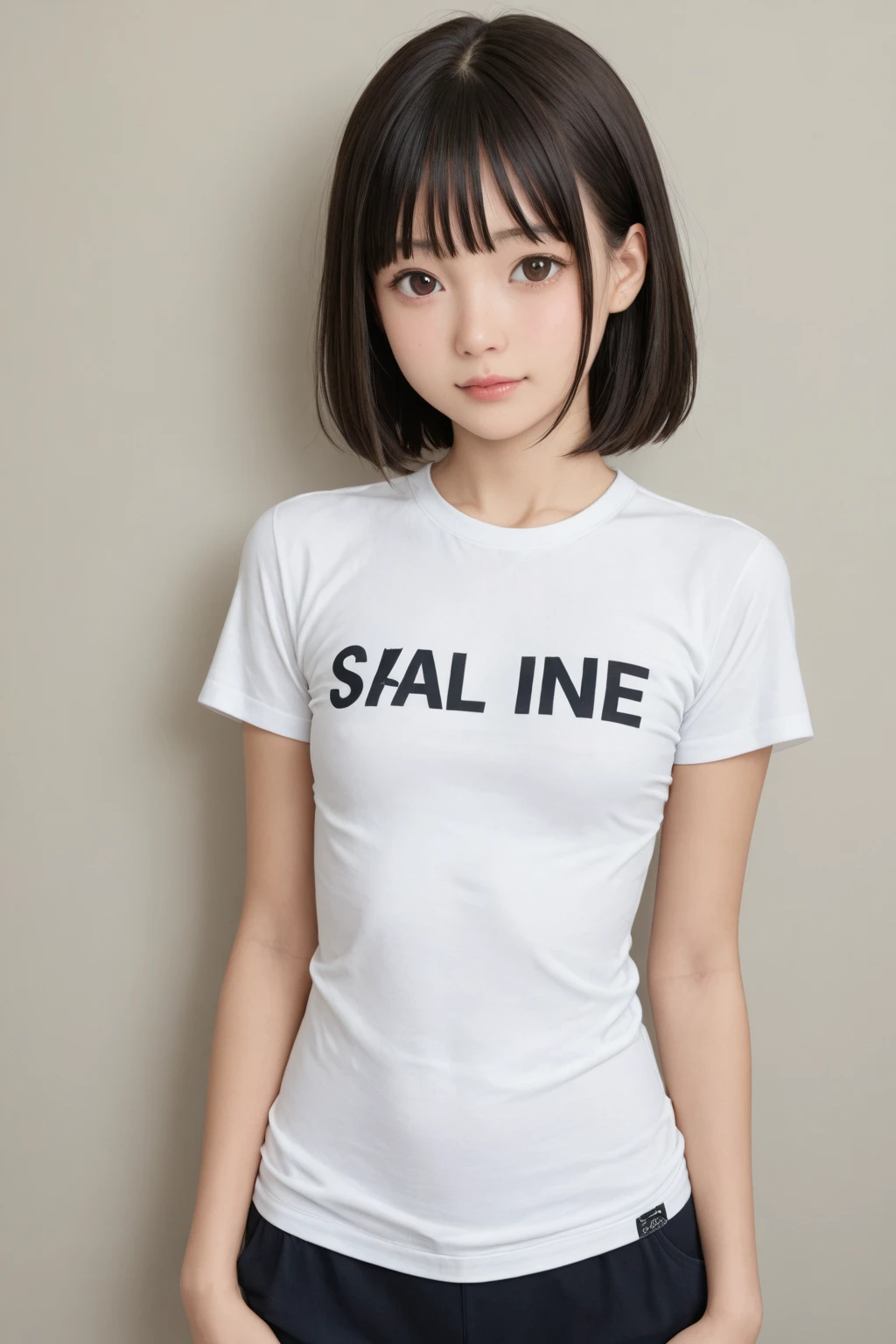 ollarbone,pastel colors t-shirt,off-shoulder look,bare shoulder,midriff peek,string panties,open mouth,tongue out,cum on tongue,stand,slouch,flont view,cowboy shot,Hands Behind Back,eye-level shot,(1girl,Beautiful 14 year old girl),((Slender,Small breasts,Small face,)),looking at viewer,Black Hair,bangs,one side up,Beautiful and detailed,Mischievous smile,Dimly lit room,Simple Background,Black background,Low lighting
