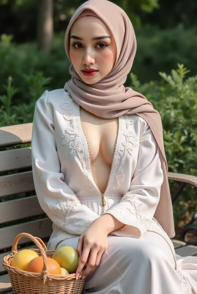 shorts, Flashy, cleavage, hijabi, Absurd, ultra-detailed, high quality, masterpiece, detailed face, beautiful eyes(detailed eyes), javanese, gentle and graceful, face exudes warmth and kindness, eyes described as soft and comforting, gentle and steady gaze, overall appearance is simple and modest, The fabric of her garments is usually depicted as soft and earth-toned, beauty lies not in extravagant adornments, Her smile is serene and welcoming