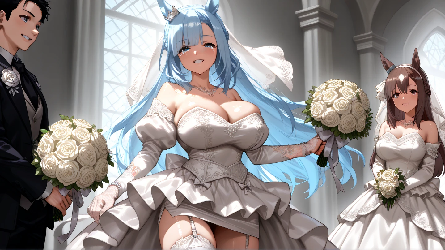 absurd, 8K, high resolution, ultra detailed, beautiful, masterpiece, best quality, very pretty woman, young, very pretty woman, sexy, (very big boobs:1.4), Detailed woman's face, very attractive, (wedding dress:1.4), full body, detail_face,kearsarge, purple eyes,
