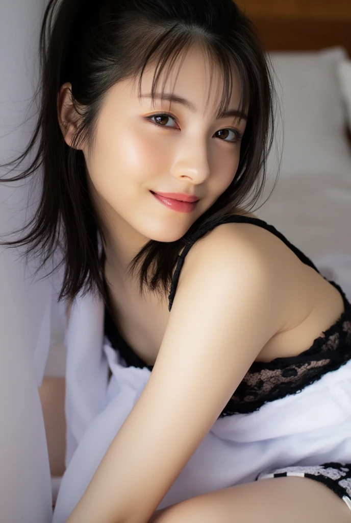 (8k), (highest quality: 1.2), (Realistic), (Realistic: 1.37), Ultra-high resolution,RAW Photos、 1 girl, Head to knee photo、cute, smile, Mouth closed, Beautiful details, Beautiful Nose, whole body, Wet Hair, Giant Dulcefo, pork, , (Small breasts)、Flat Chest、Breast like a 、Tight white blouse that clings to the breasts、pastel cardigan、Nipples are visible through the、Voluptuous thighs、dolly make、Odd Eye、Heterochromia iridis