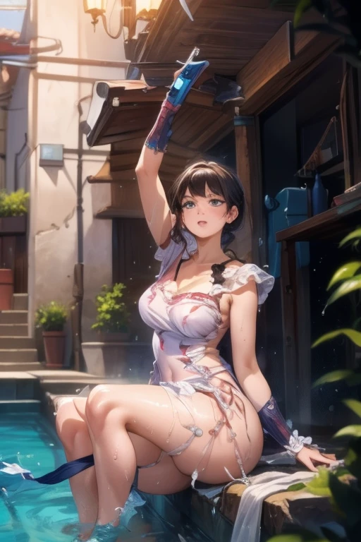 ((masterpiece)), ((best quality)), (ultra-detailed), ((kawaii)), cute, (lovely), ((sexy)), (ero), ((extremely detailed)), 4K, (8K), best quality, (beautiful), anime style, dynamic angle, raise a hand, running, colorful, full body focus, pool, beautiful sky, daytime, summer, a cute girl, 1girl, solo, one-piece dress, beautiful light brown hair, beautiful purple eyes, ((beautiful eyes)), white-skinned, ponytail, large breast, smile, lens flare, wind effect, shiny-glistening, gleaming, wetted by water --auto