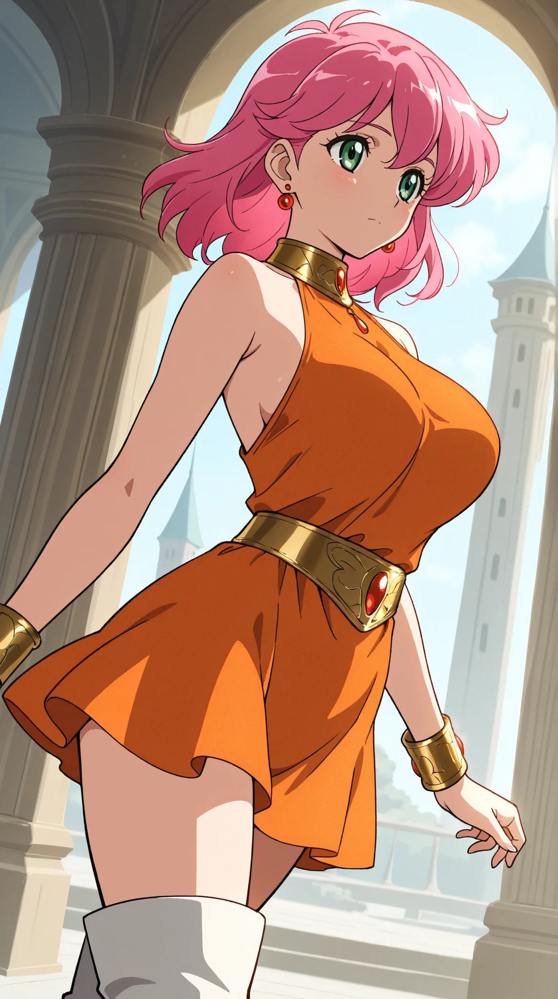 (tmasterpiece),one-girl,little breast,(Be red in the face),A pink-haired,Redlip,cleavage,(Off-the-shoulder attire:1.2),Bust photo,looks into camera,sportrait,ssmile,Gold clothes,Fighting posture,Japanese-style ancestral hall,large gate,SakuraNS,4k画质,The most beautiful face,White skin of the,