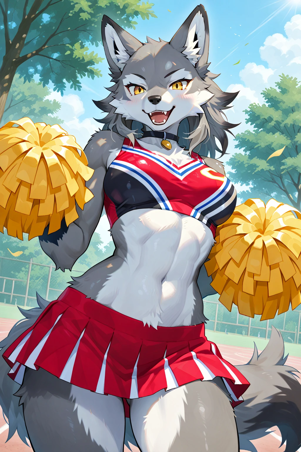 score_9, score_8_up, score_7_up, score_6_up, score_5_up, score_4_up, (roxanne wolf), (front view), (whisperfoot style), (anthro furry), wolf ears, yellow eyes, ear piercings, (grey fur), (wet fur), long fluffy tail, grey tail, long hair, grey hair, (strand of green hair), very large breasts, (cheerleader outfit), (red crop top), (cleavage), (red skirt), (red pompoms), (cute red panties), purple wrist bands, purple socks, sexy curves, big head, (solo), cheerleading, black lips, seductive pose, hand above head, one closed eye, one leg up, cheering expression (stadium background)