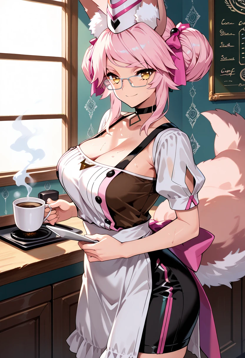 1 girl, alone, pink hair, tail, animal ears, haruno_sakura, cat tail, cat ears, green eyes, smile, looking at viewer, short hair, closed mouth, background, meme, 1 girl, breasts, pale_skin, bare_apron, pale_skin, alone, apron, thick_thighs, disposable_cup, english_text, marker, wide_hips, thighs, blush, holding, cup, cleavage, coffee, blurred_background, curvy, speech bubble, areola_slip, black_nails, green_apron, looking_at_viewfinder, holding_cup, bare_hips , blurry, big_breasts, clavicle, indoors, pen, covered_nipples, bare_shoulders, coffee cup