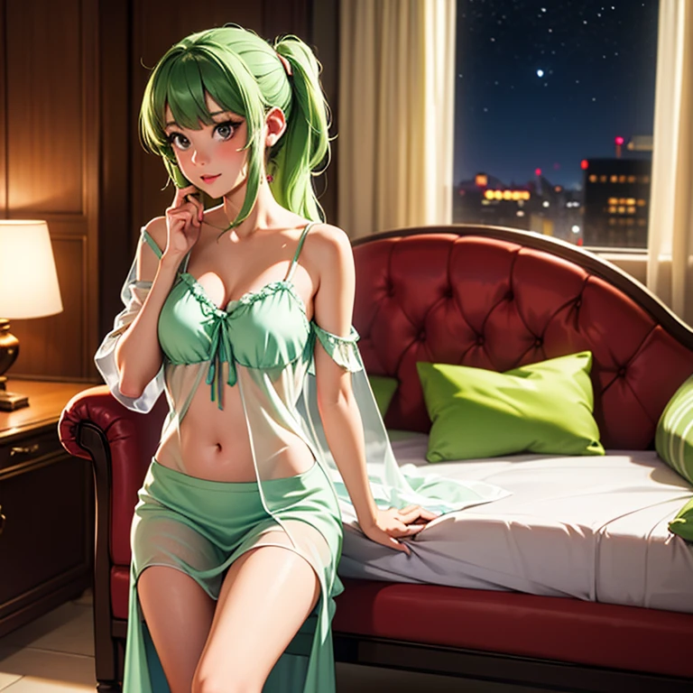 She lay on her side, her tousled green hair framing her face. She wore a simple white nightgown that hugged her slender form, leaving little to the imagination. Her thighs were covered by a lacy pair of white panties