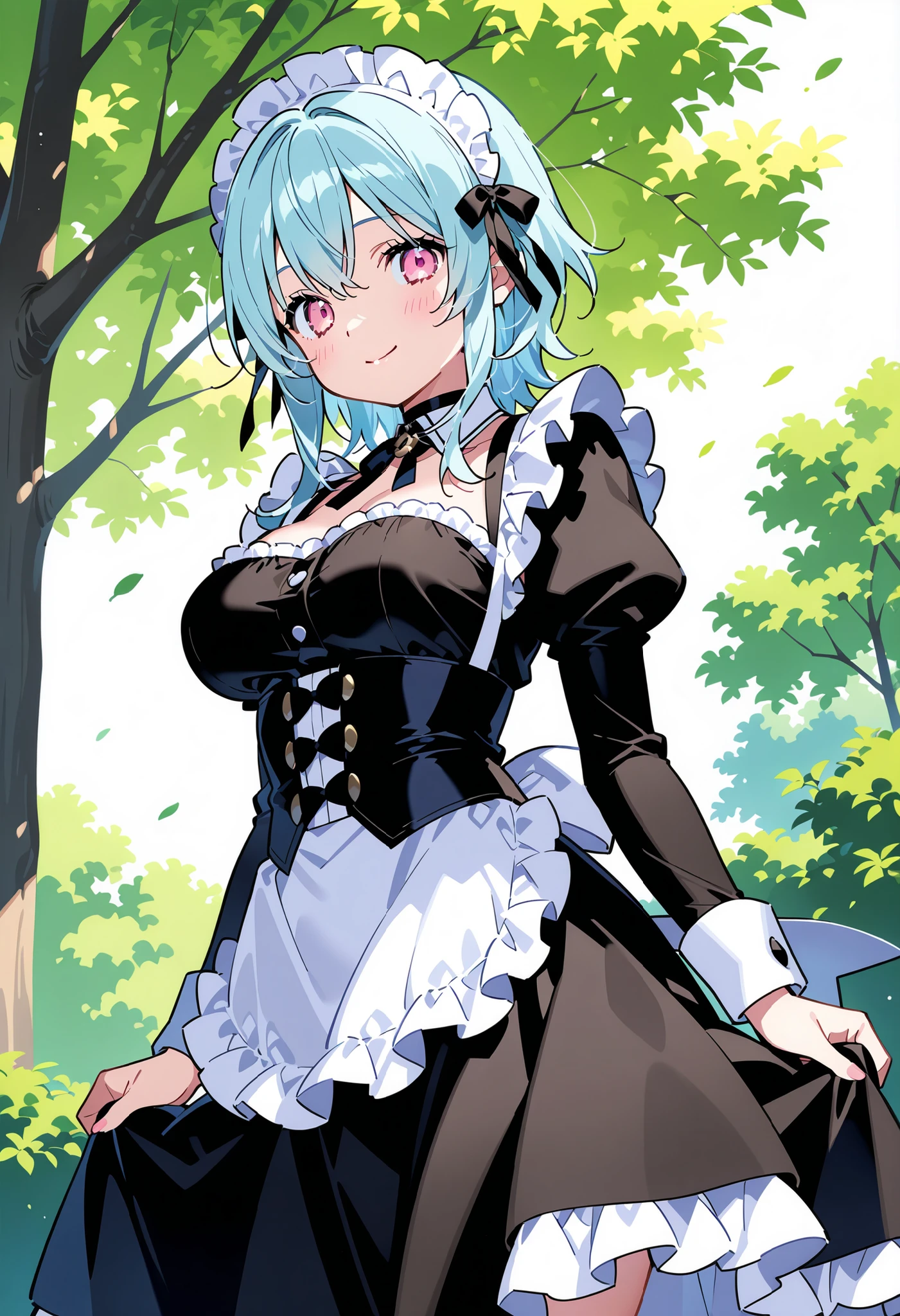 (super fine illustration:1.2),(masterpiece, 8k), (best quality, high quality:1.4), perfect anatomy, hyper detailed, ultra detailed,masterpiece background,beautiful detailed background, v8k wallpaper,perfect design,award-winning art,atmospheric,
BREAK Beauty 1 Girl,Solo,(Cute:1.5),(Chibi:0.6),(kawaii:1.5),(Loli:0.5),BREAK,(17 years old girl),Very detailed,colourfull,highest details,Clear skin,Beautiful skin,Shy,Very detailed,colourfull,highest details,BREAK,Clear skin,Beautiful skin,Shy skin,1 beautiful girl,(Heterochromia,blue eyes,green eyes:1.75),star eye silhouette,BREAK (pale blue hair, Medium length:1.4),(side ponytail,A little curly hair,Princess Cut, crossed bangs:1.3),(cleavage of the breast,Big breasts,Beautiful breasts,Large breasts:1.5),(long eyelashes, Double eyelids:1.2),Solo,gleaming skin, Clear skin, Beautiful skin,(best quality face),(Top quality glowing eyes), (The best smile,:D:1.45),
BREAK, (music motif inspired:1.2), white lace, (closed collar long-sleeved blouse:1.2) with frilled and ribbon, a volumey pannier under a (musical note-pattern long dress:1.6) with (lots of layered frills:1.2) and ribbons, (lace ruffle socks:1.2), music-themed accessories, hat, platform shoes,BREAK, (flower garden:1.8), (magic circle:1.3), (fantasy:1.5), (long shot:1.5), Midday, (light rays:1.2), lights, blue sky, wind, fluttering petals, illusion effect, magic effect,
BREAK,wakame,wakame,wakame,(looking up,from front above:1.5)
(going up on stairs:1.5),
BREAK,(Blurry background:1.3),(absurderes, hight resolution, Super Detail Art),cel shading,Clear Color, Lonely optical effect, Beautiful pictures, Bright glow, mystic atmosphere,(Close-up of girl:1.1), Mystical light particle effect,manga influence, clean line drawings,