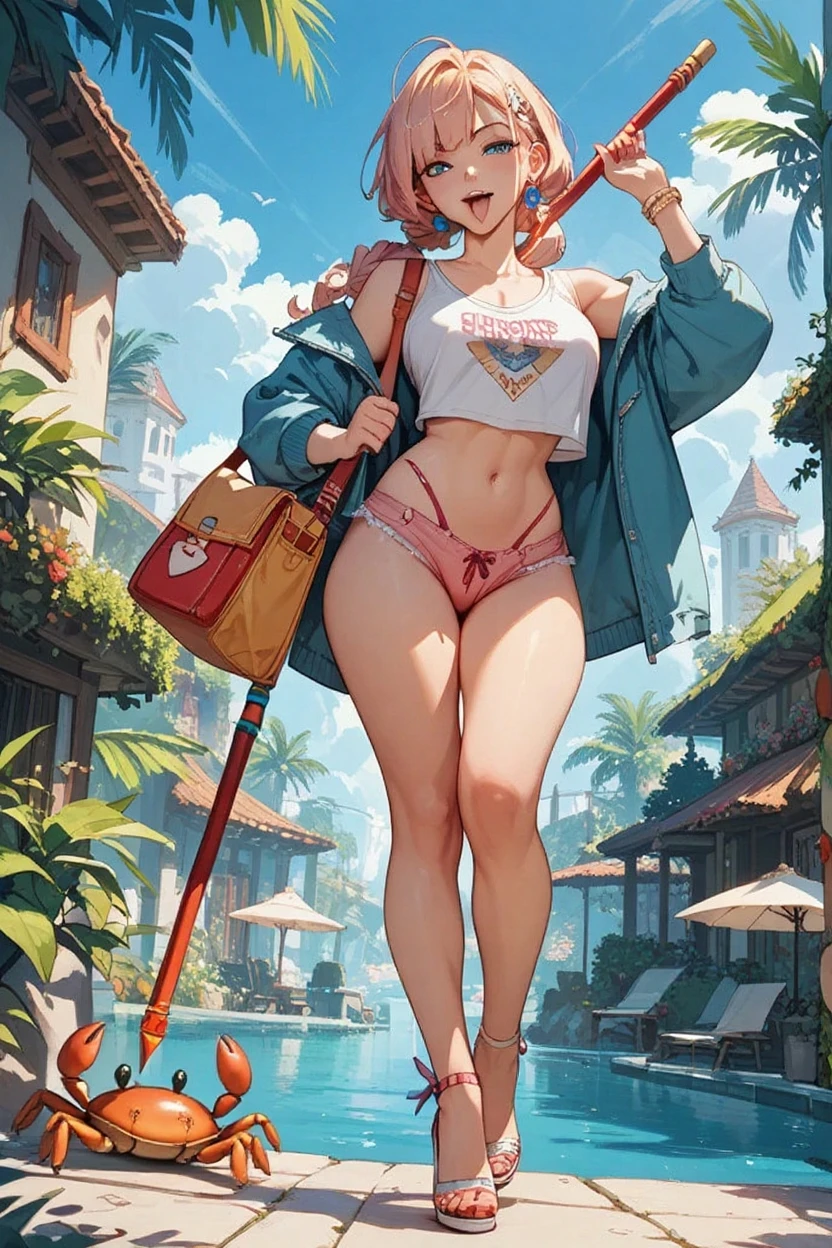 A beautiful long-haired nude all girl walking on a bamboo bridge, with a river below filled with countless crocodiles opening their mouths waiting for the girl to fall, above the girl's head is a flock of pigeons carrying folded letters to her.
