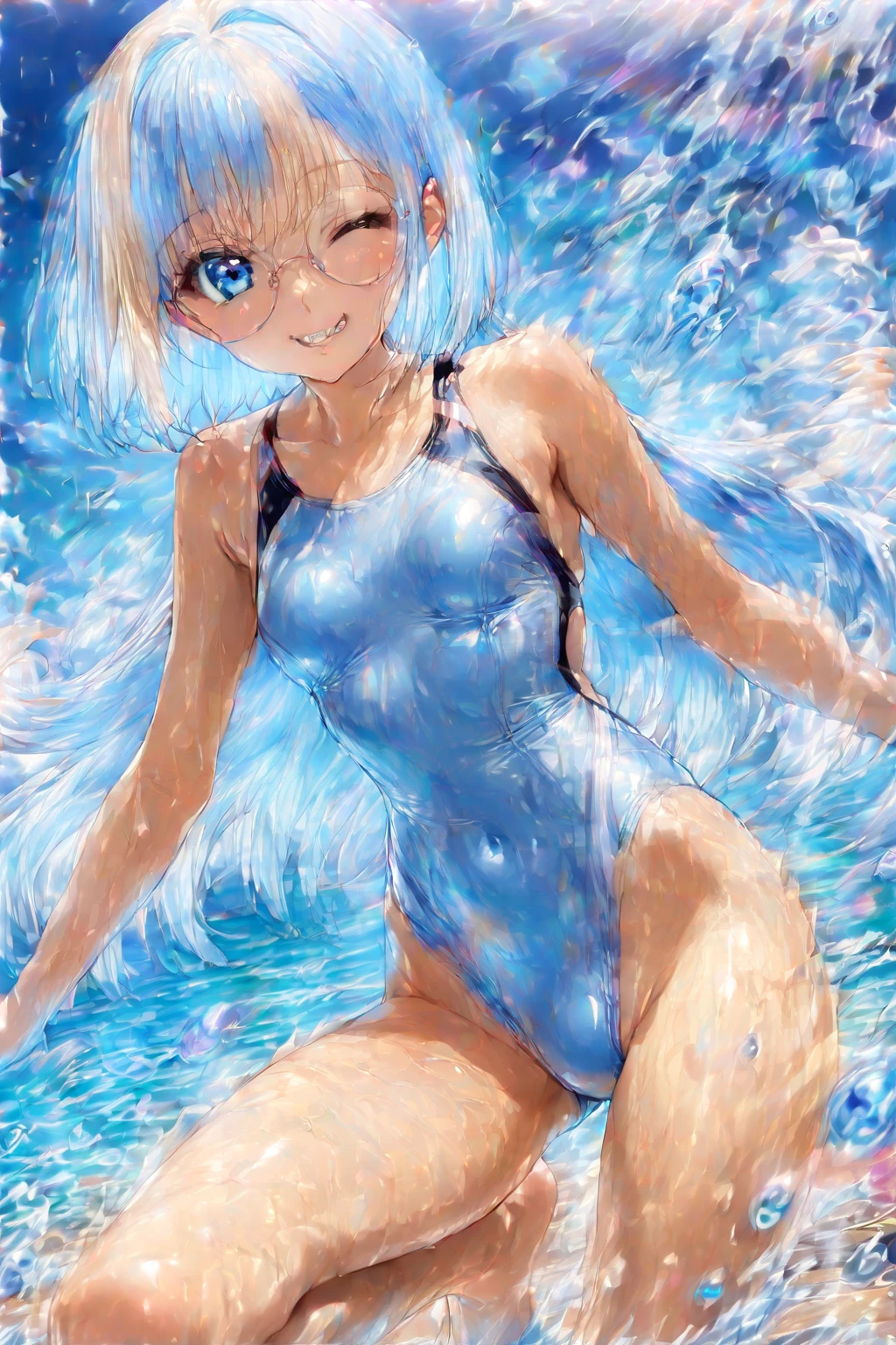 slime girl, body made of water, water body, blue body, ((melting body)), blue skin, water skin, white and blue hair, red eyes, cute face, smile, main background, action, battle, blue effect, water magic, water effect, magic, anime, light novel, moe, kawaii, 4K, light novel