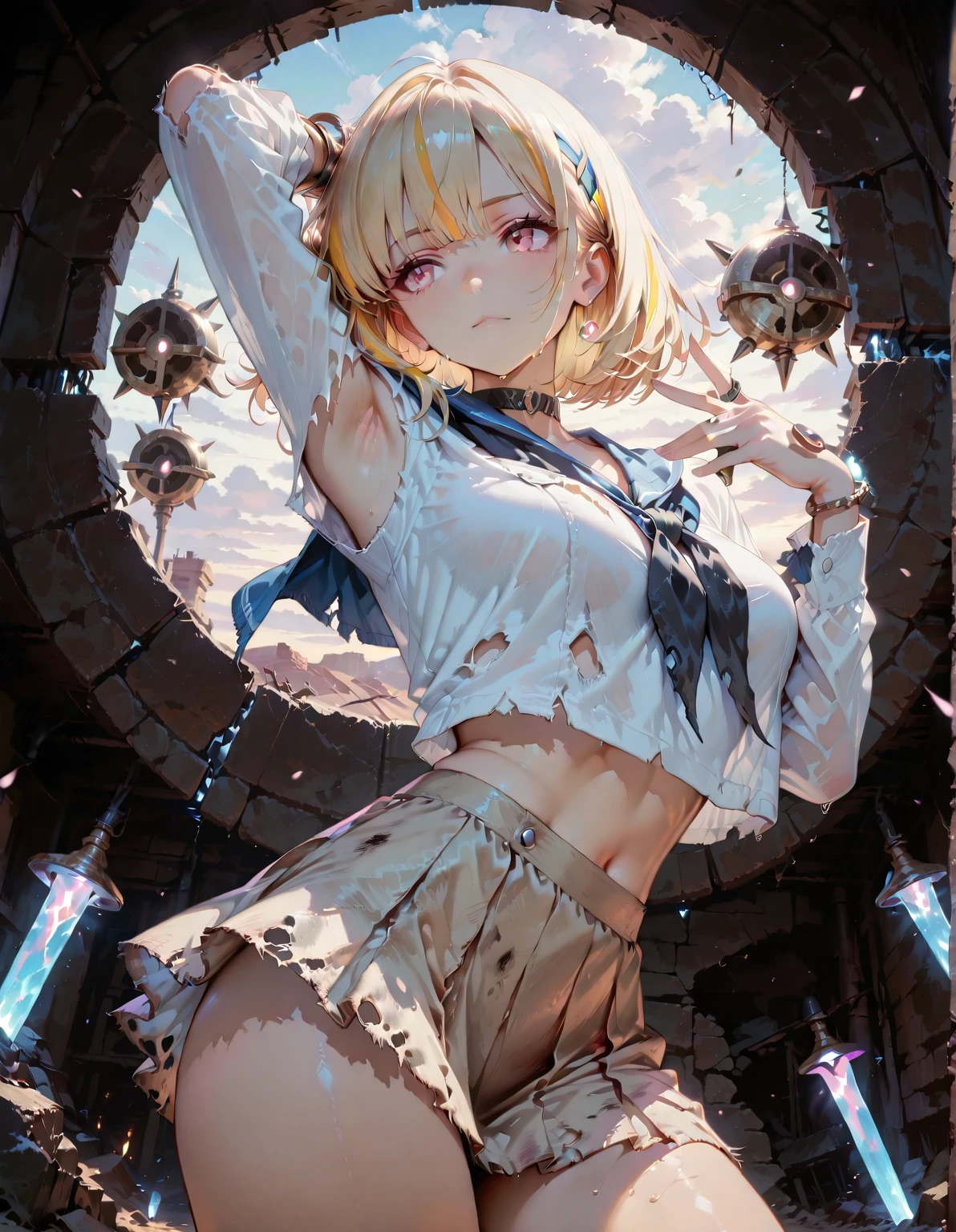 (Photorealistic:1.8, Highest quality:1.8,8K Masterpiece:1.8、Super detailed、Ultra-high resolution、Detailed Background)、((Flat Color))、((colorful))、Multicolored lighting、((Floating colorful water))、Blue background、
Bound Princess、Random Pause、(Chained、Golden Chain、Chained to the body、Chained first round、handcuffs、shortage々Shii:1.4)、Random Sexy Poses、Turn around、Angle from behind、
(Medium Hair、Blonde Hair、hair ornaments、choker)、(Mini Dress、choker、Knee-high stockings、garter belt、White biting panties）、Beautiful hip line、TWICE&#39;s Tzuyu&#39; on pause、Beautiful blue eyes、Beautiful lips、(A rich expression、smile）