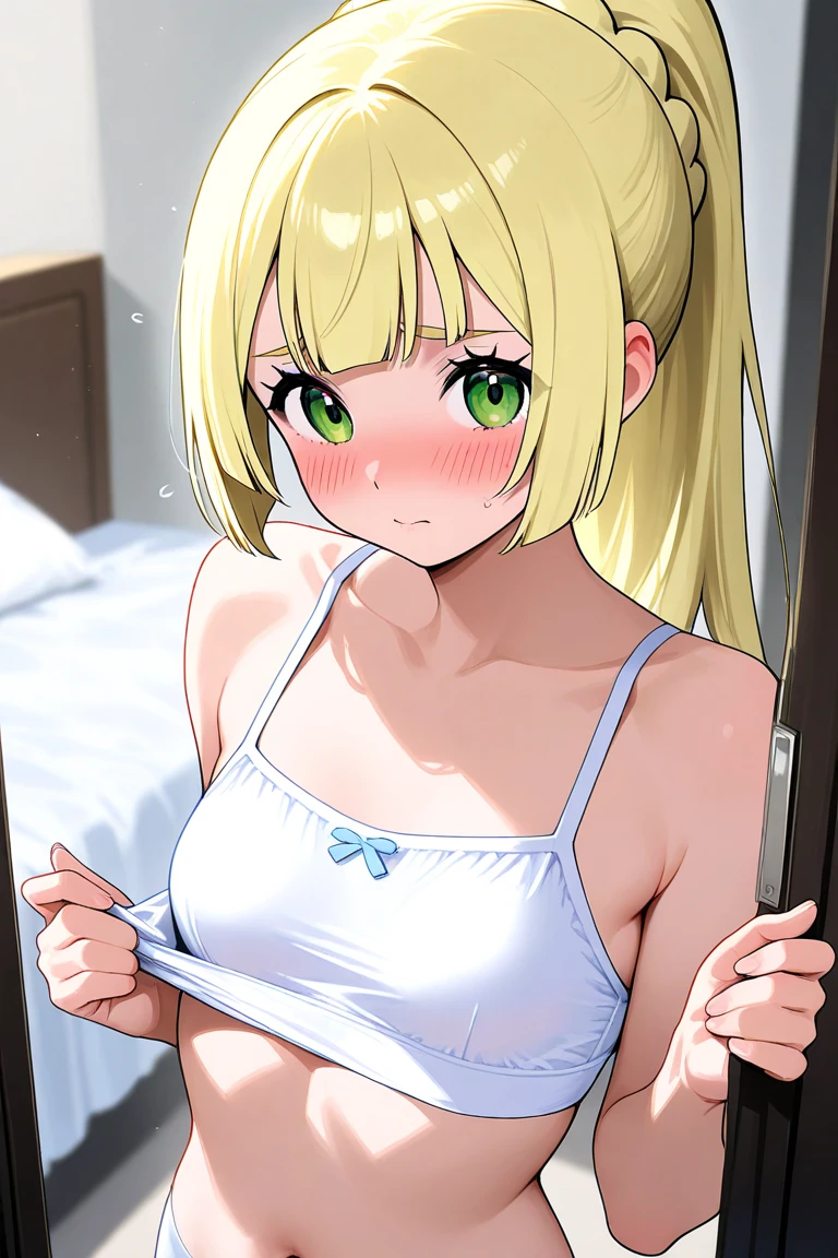 Ayane Amamiya, solo, medium breasts, bra, cleavage, book, closed mouth, one eye closed, open clothes, spaghetti strap, ponytail, blue eyes, ass, straight hair, indoors, blonde hair, sitting, camisole, simple background, bedroom, blue bra  <lora:Ayane_Amamiya:1>